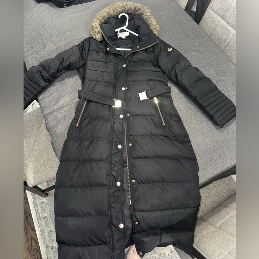 Michael Kors Long Black Puffer Coat with Fur Hood
